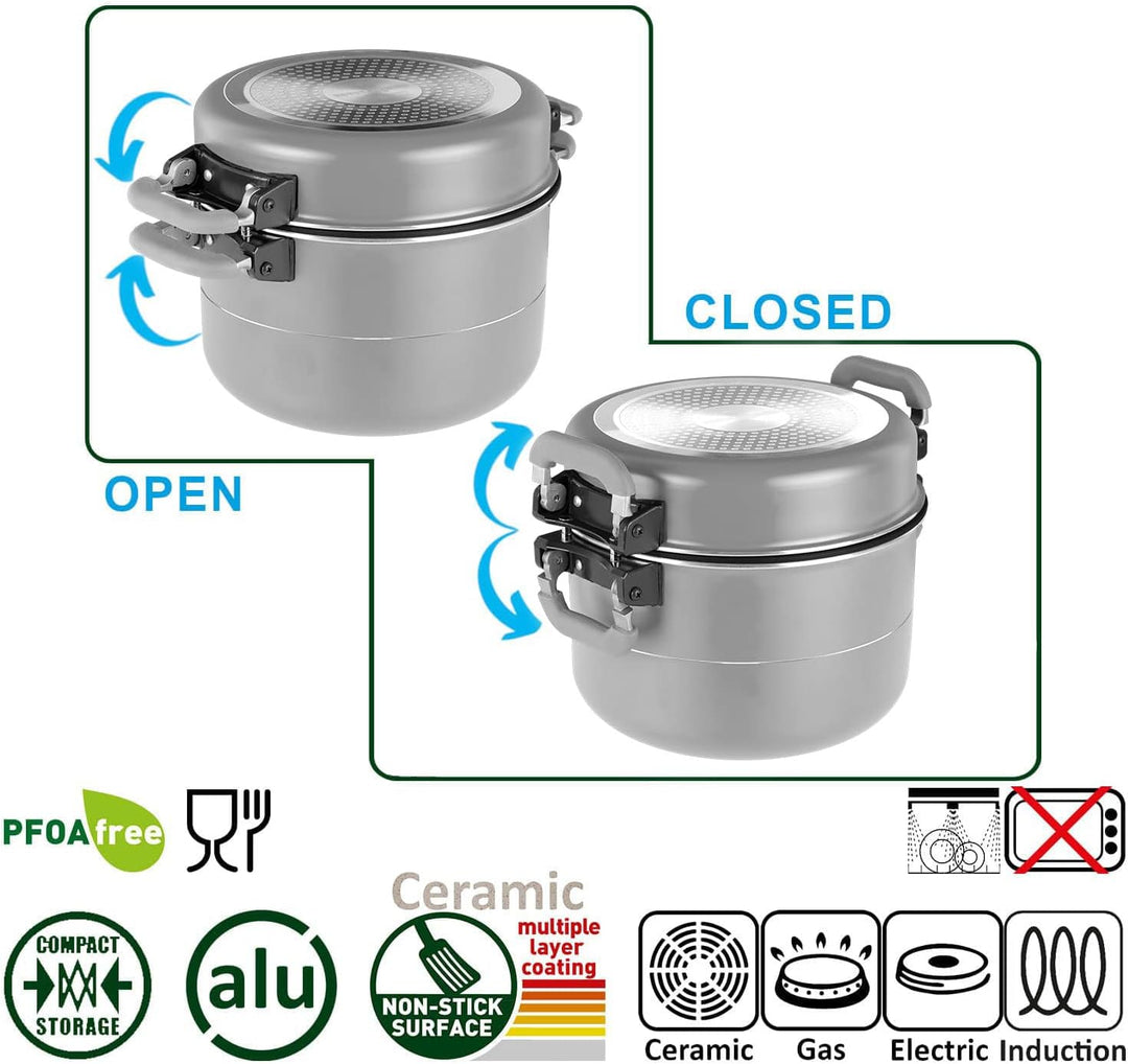 BRUNNER: Camping Topf-Set (Kochtöpfe, Bratpfanne, Deckel & Griff) FUSION 7+1-teilig (22-cm Durchmess