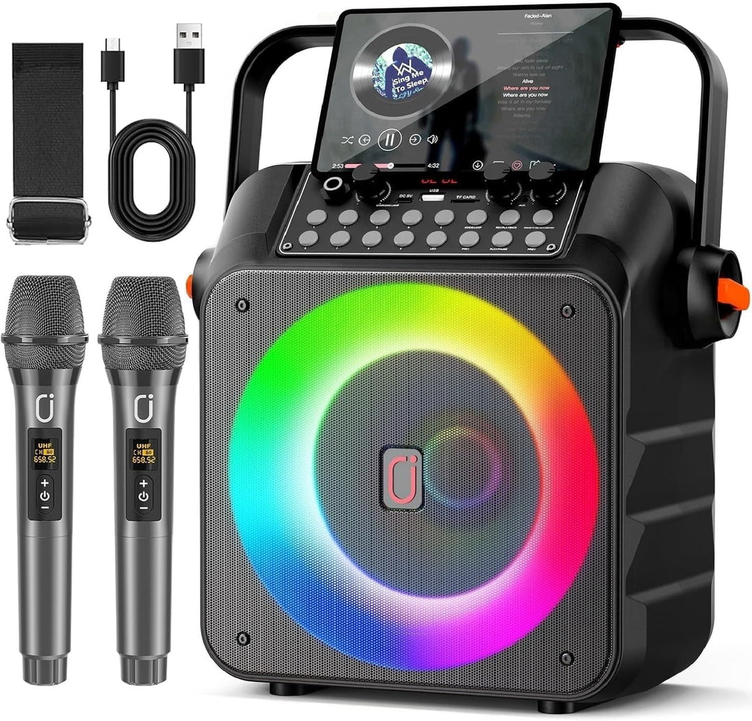 HWWR Karaoke mit 2 Mikrofonen, professioneller Karaoke-Lautsprecher, tragbar, Bluetooth-Lautsprecher