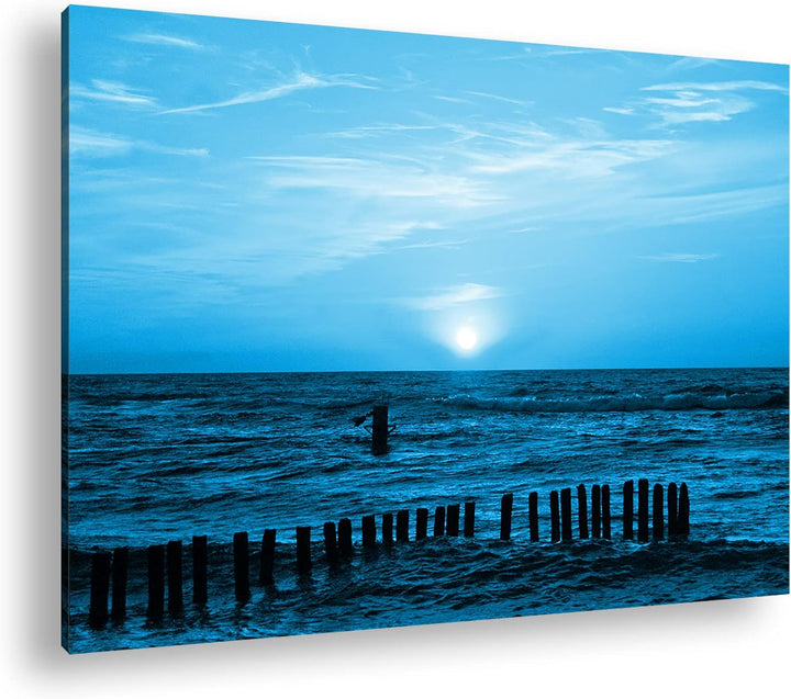 Sonnenuntergang an der Ostsee Format 80x60 Effekt: Monocrome Blau als Leinwandbild, Motiv fertig ger