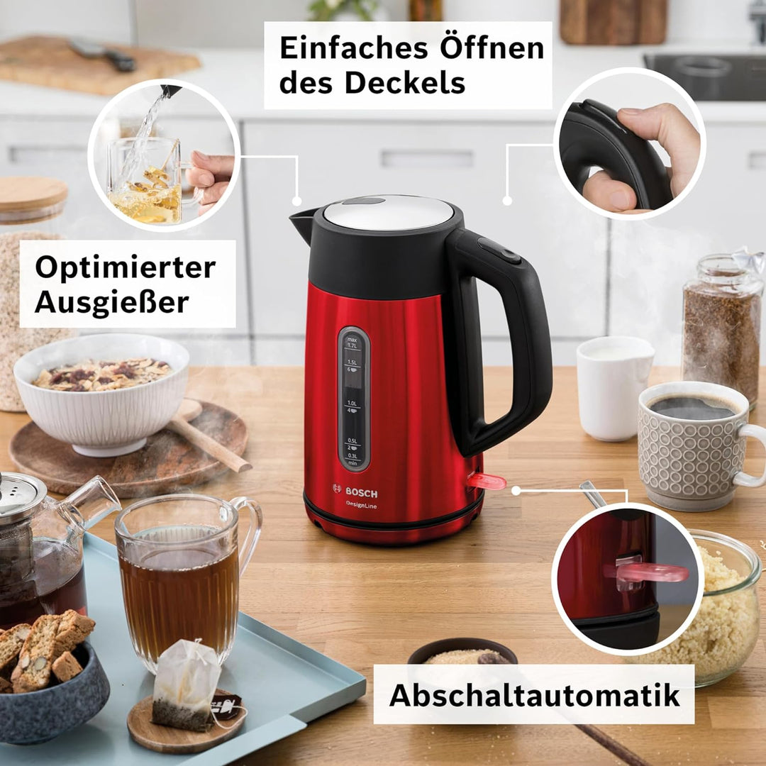 Bosch kabelloser Wasserkocher DesignLine TWK4P434, Ausgiessen ohne Spritzer, Tassenanzeige, Wasserst