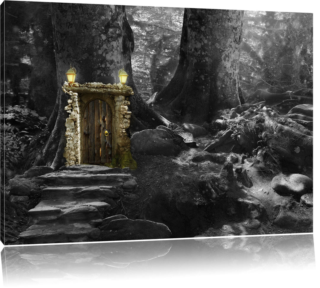 Pixxprint Geheimes Tor im Wald als Leinwandbild | Grösse: 100x70 cm | Wandbild | Kunstdruck | fertig