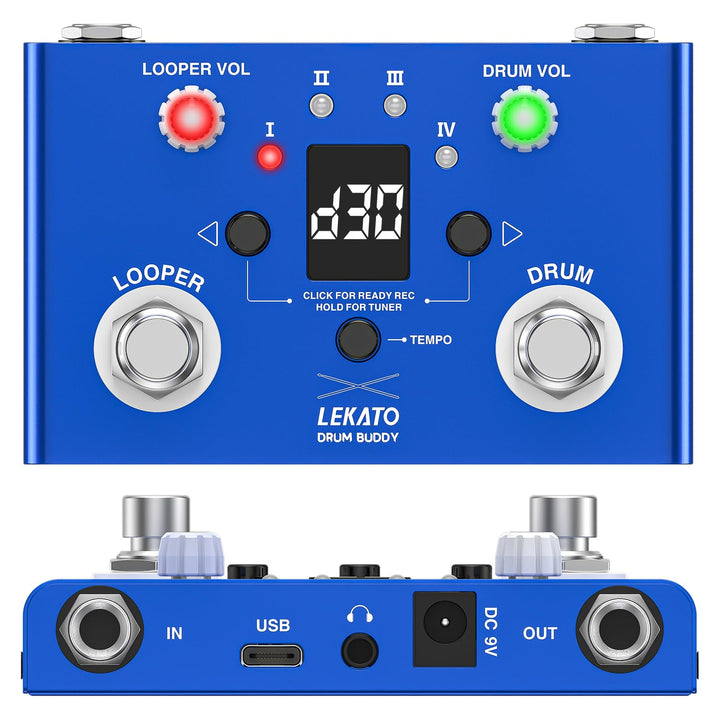 LEKATO Drum Looper Pedal mit Stimmgerät, 4 Loops, 11 Minuten Loop Pedal mit Drumcomputer 30 Trommeln