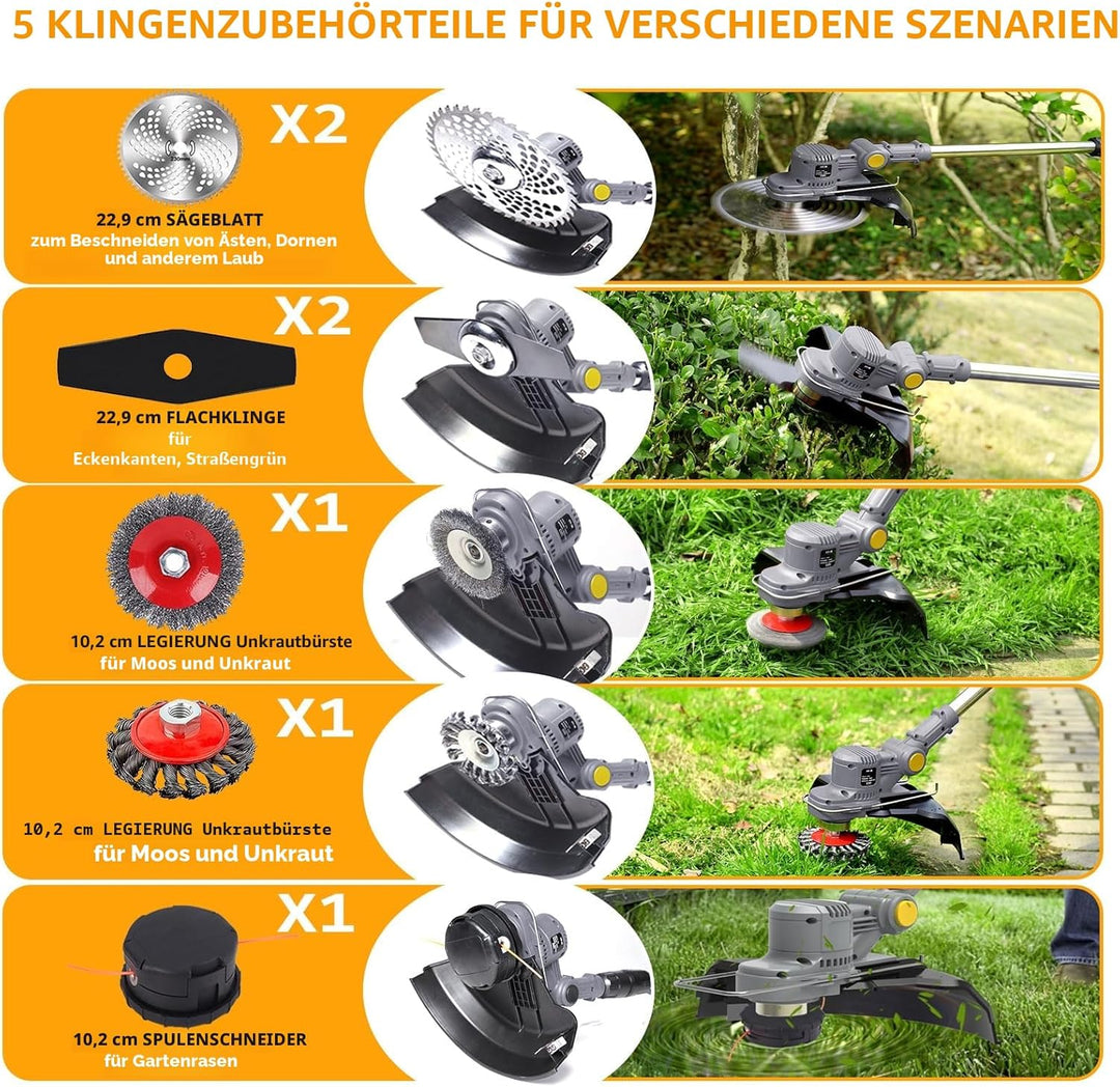 Akku Rasentrimmer mit Akku und Unkrautbürste 21V Freischneider Akku Elektro Motorsense mit 2X 4.0Ah