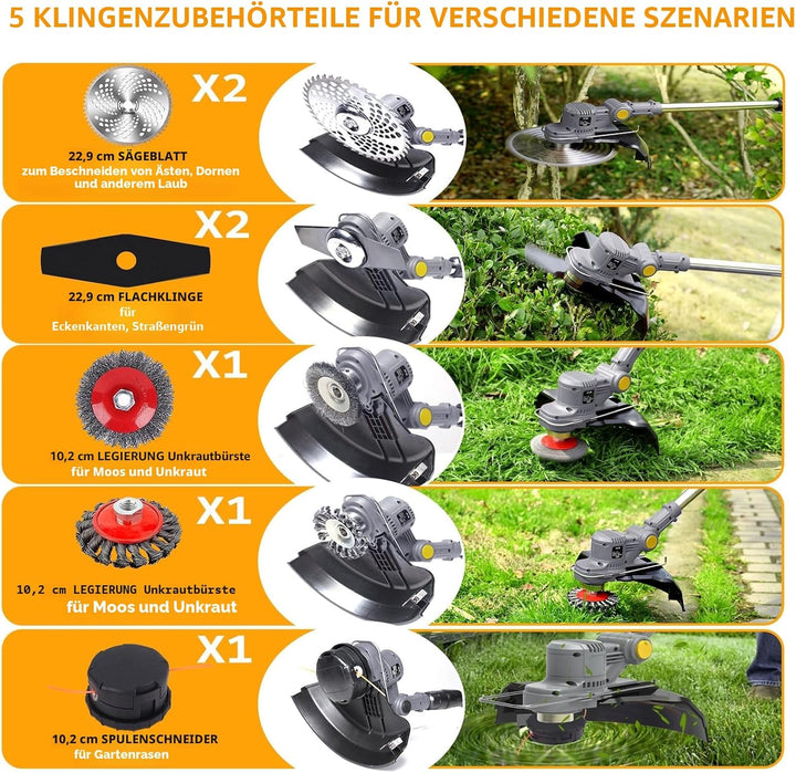 Akku Rasentrimmer mit Akku und Unkrautbürste 21V Freischneider Akku Elektro Motorsense mit 2X 4.0Ah