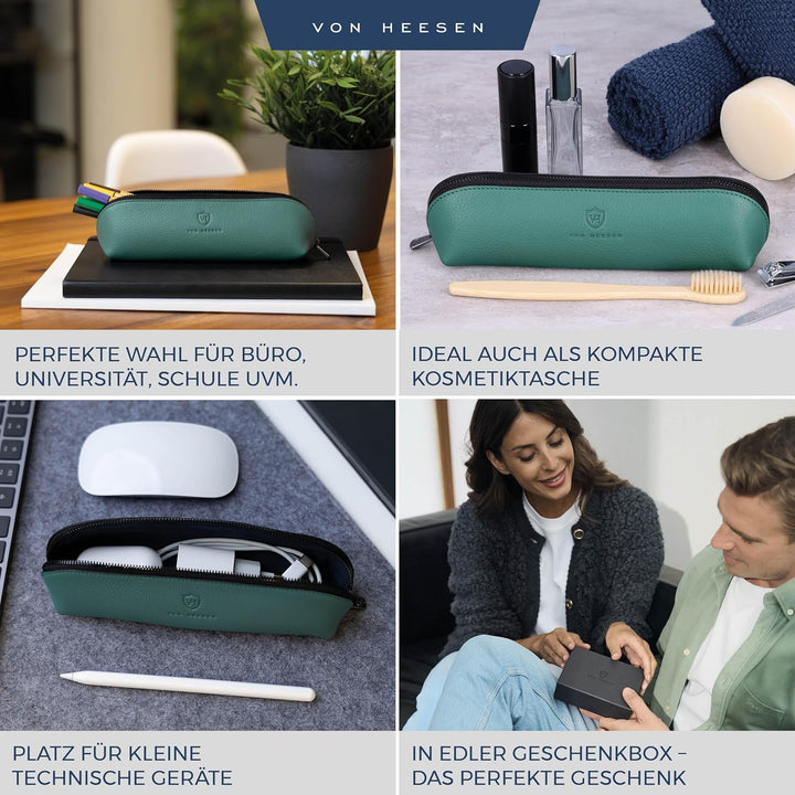 VON HEESEN® Echtleder Federmäppchen Leder Federmappe Etui für Stifte Mäppchen Schule Federtasche Uni