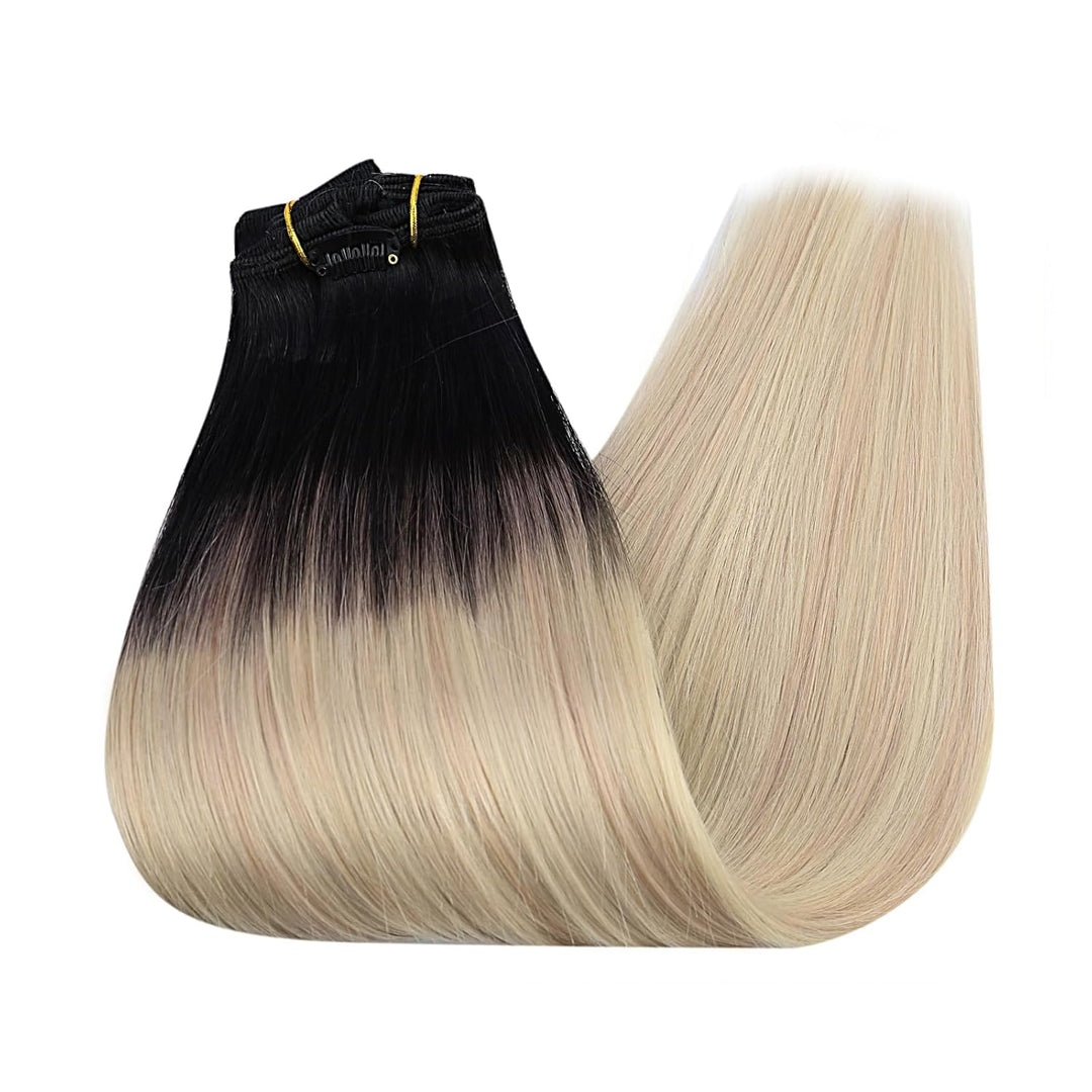 Ugeat Clip in Extensions Schwarz Blond Haarextension Echthaar Clips 55cm Schwarz bis Aschblond mit P