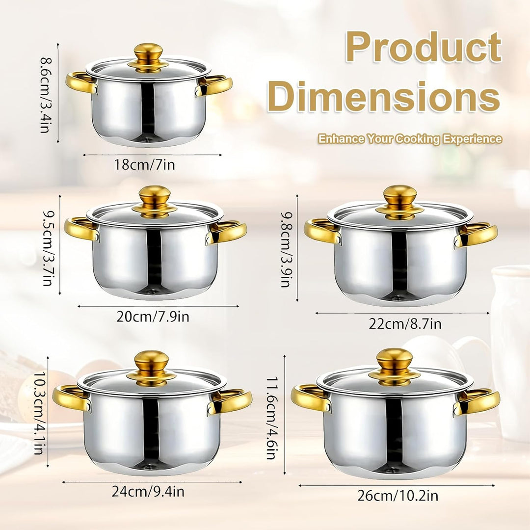 Kochtopf-Set 5-teilig, Edelstahl Topfset mit Glasdeckel und Stielkasserolle, Für Induktion und Alle