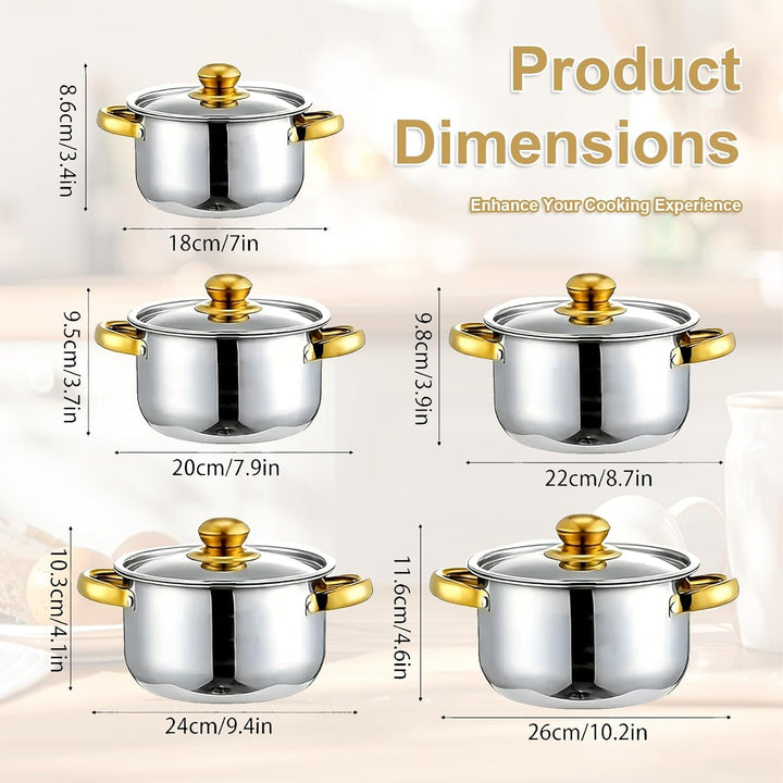 Kochtopf-Set 5-teilig, Edelstahl Topfset mit Glasdeckel und Stielkasserolle, Für Induktion und Alle