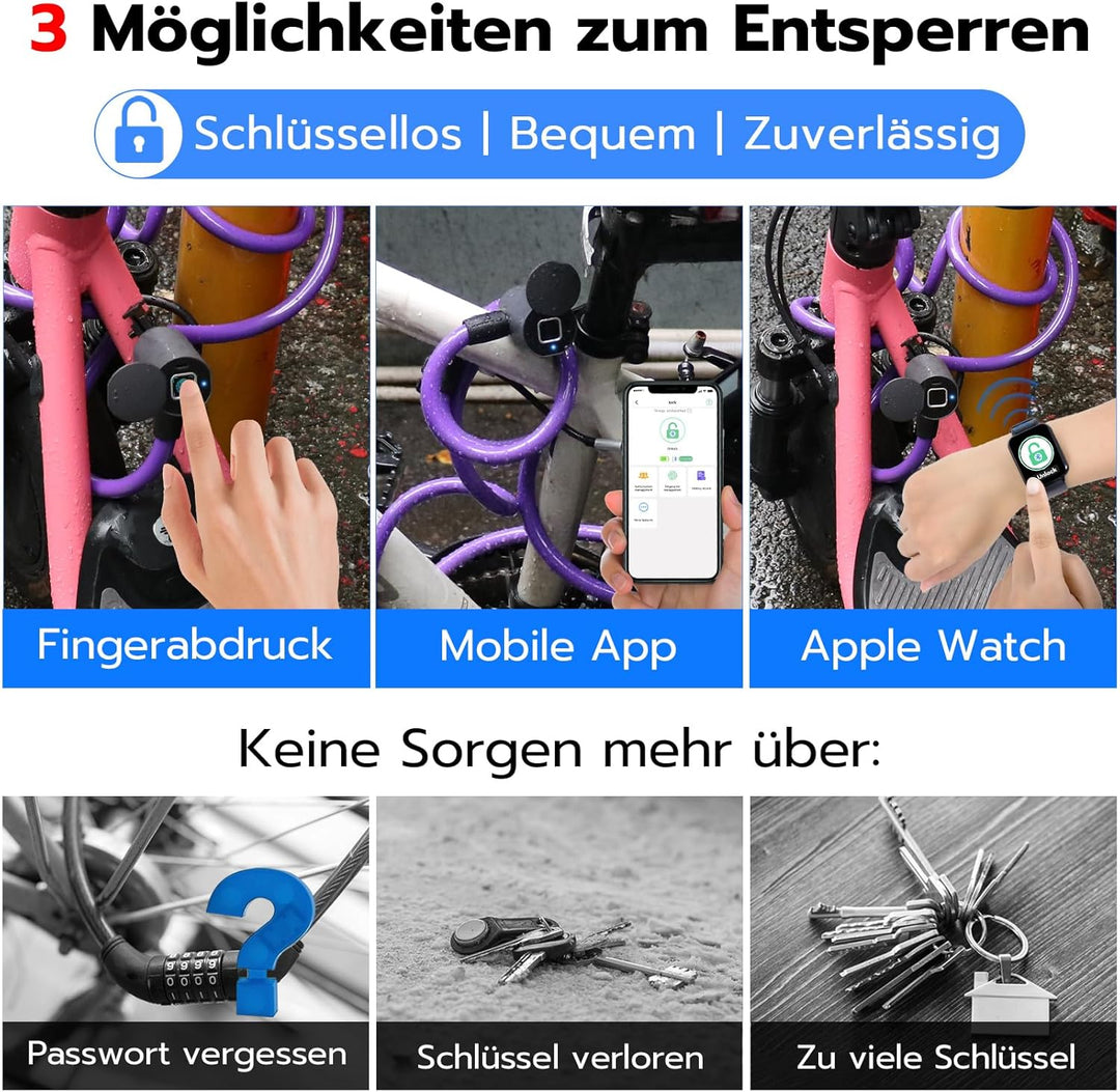Anweller Fahrradschloss Fingerabdruck,1.5m Kabelschloss wasserdicht tragbar mit Fahrradschlosshalter