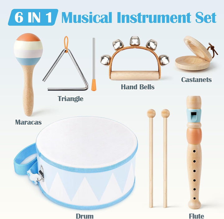 Musikinstrumente Kinder Trommel 6 in 1 Holzspielzeug Trompete Kindertrommel Montessori Spielzeug Bab