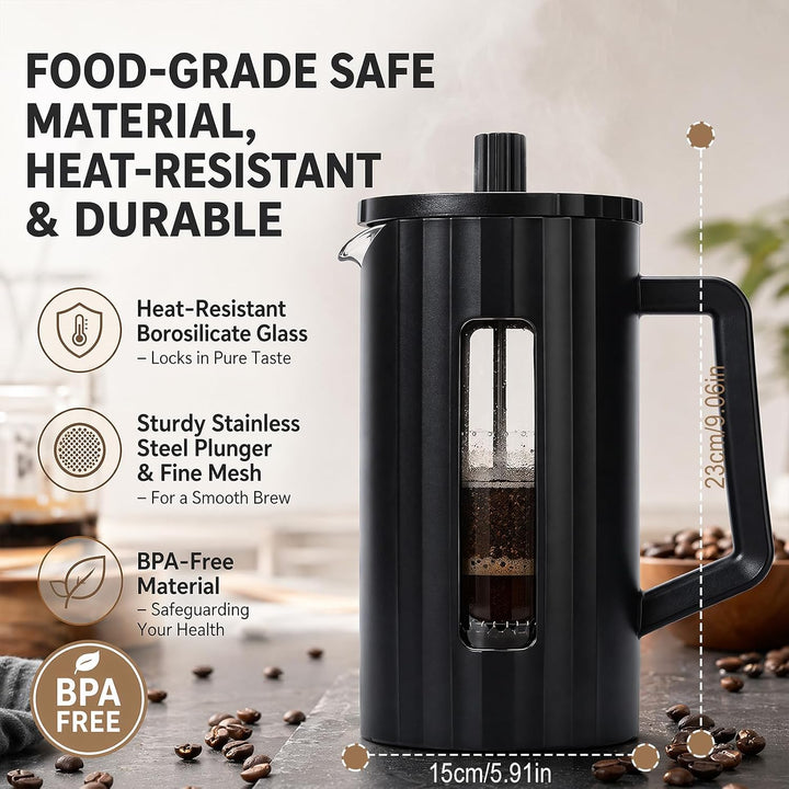 French Press Kaffeepresse 1000ml/34oz, Kaffeezubereiter aus heissfestem Glas mit Edelstahlfilter, BP