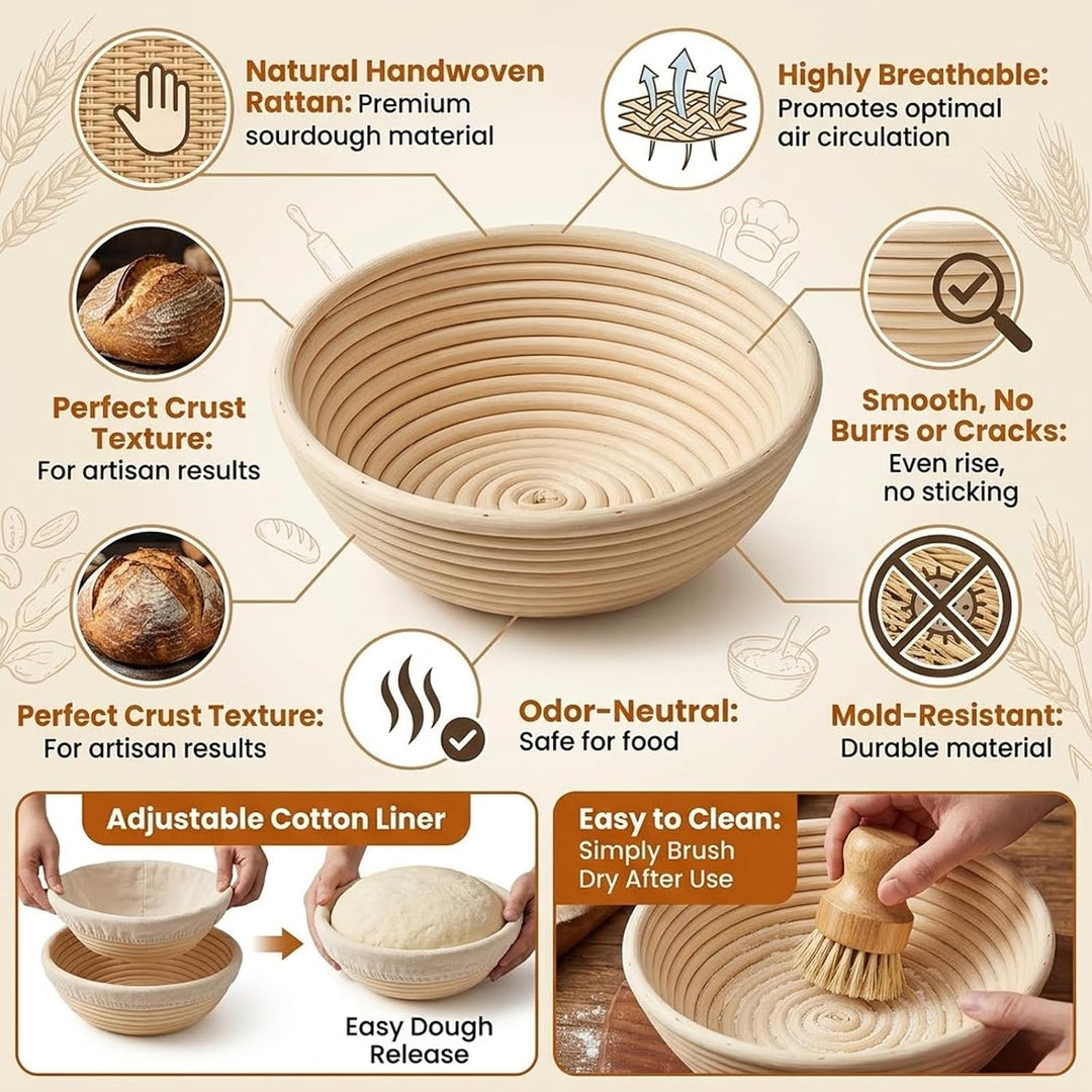 Sauerteig Starter Set mit 2 Gärkörbchen (rund 23cm &amp; oval 25cm), Glasgefäss Teigschaber Leineneinsat