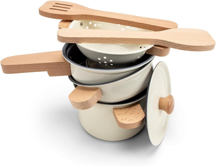 Woet® Cremeweisses Metall Topf und Pfannenset für Kinder - 7 Teile mit Holzgriffen - Rollenspiel für