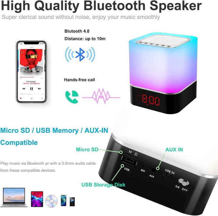Bluetooth Lautsprecher Wecker, 5 in 1 LED Nachttischlampe Touch Dimmbar 7 Farben Digital MP3-Player,
