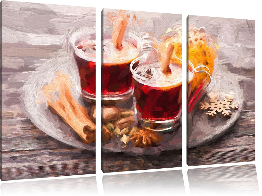 Pixxprint Aromatischer Glühwein mit Zimt Pinsel Effekt 3-Teiler Leinwandbild 120x80 Bild auf Leinwan