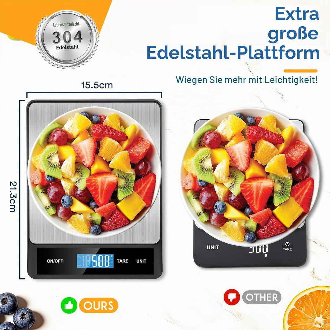 Zivacate 15kg Digitale Küchenwaage, 1g Präzision, Küchenwaage mit LCD Display, Grosse Edelstahl Wieg