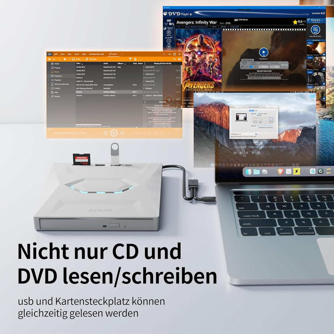 Alxum Externes DVD Laufwerk - USB 3.0 Type C CD Laufwerk extern USB mit SD/TF Kartenleser und USB An