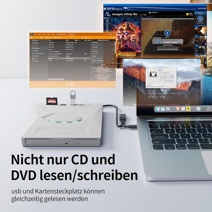 Alxum Externes DVD Laufwerk - USB 3.0 Type C CD Laufwerk extern USB mit SD/TF Kartenleser und USB An