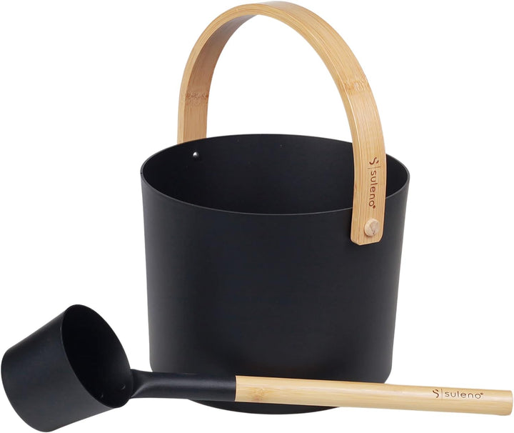 SULENO - Sauna Set KJELL 2 | 9-teilig - Saunakübel, Saunakelle, Klimamesser 2in1, Sanduhr, Saunadüft