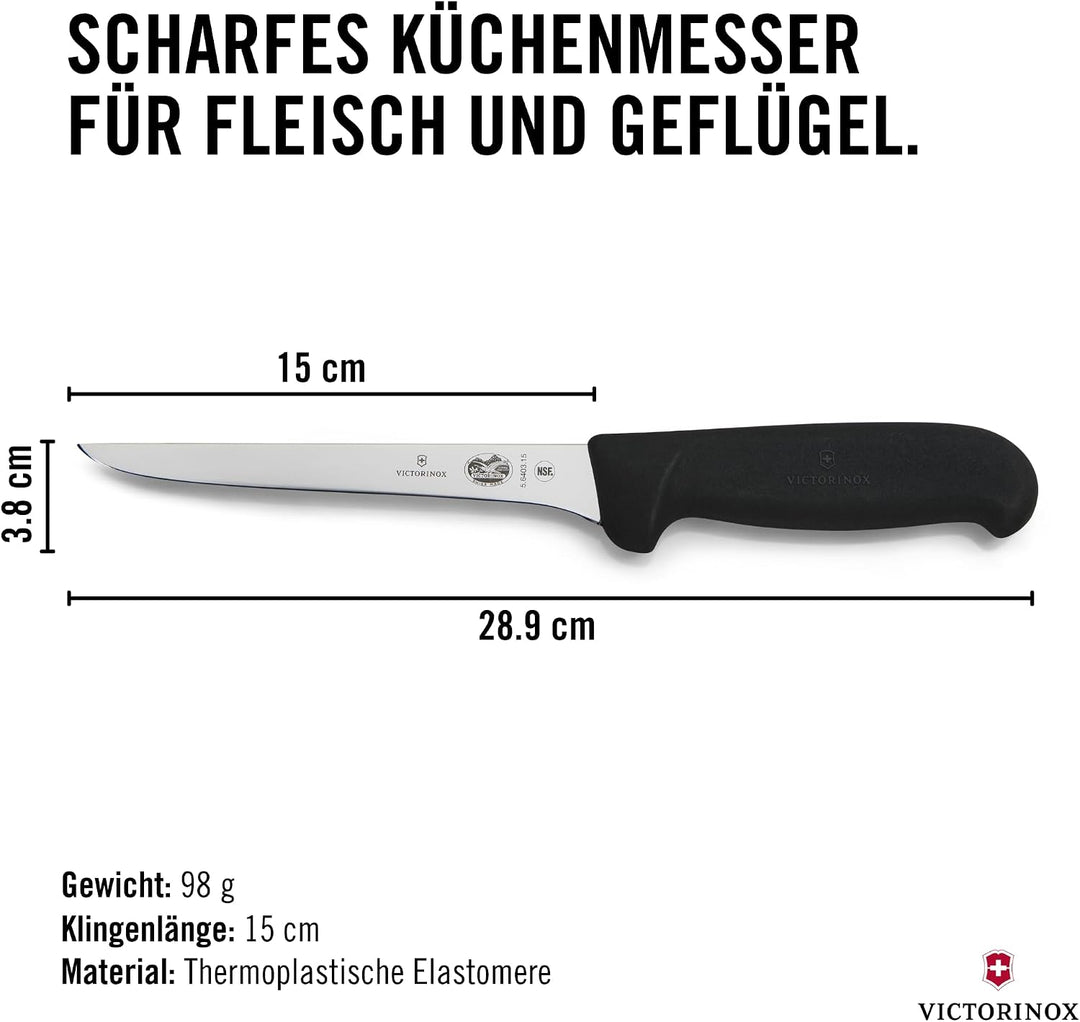 Victorinox Fibrox Ausbeinmesser, Scharfes Küchenmesser für Fleisch und Geflügel, 15 cm, Gerade Kling
