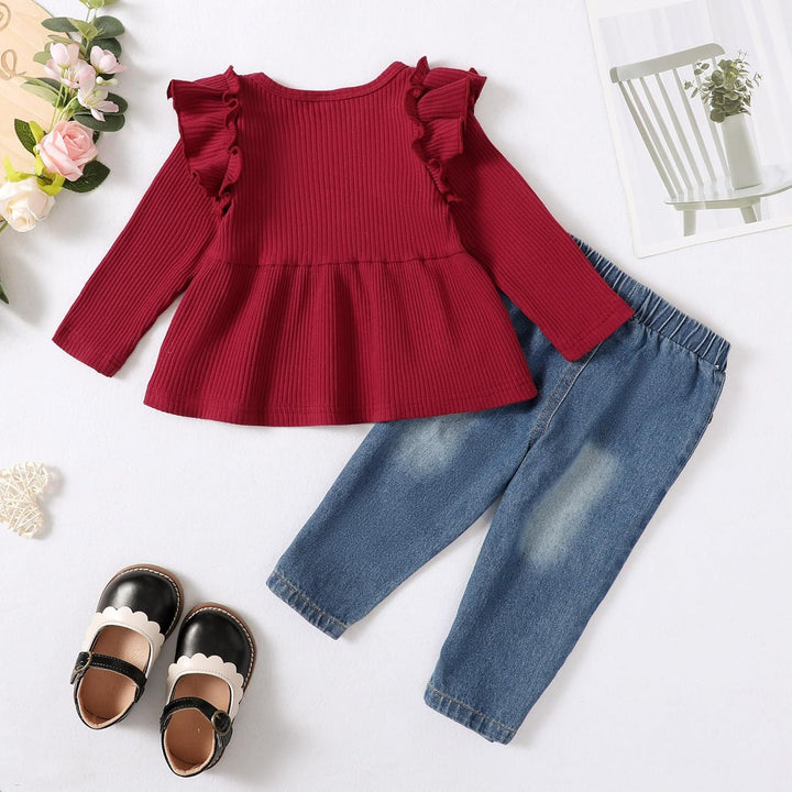 Baby-Mädchen Bekleidungssets Rüschen Langarm Top + Jeans Hosen 2tlg Kleinkinder Mädchen Geburtstag O