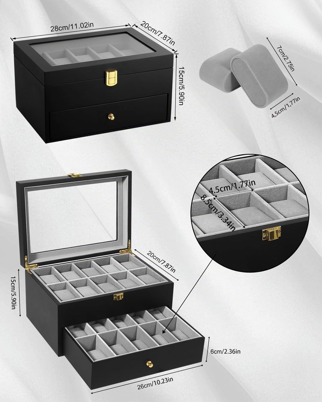 Uten Uhrenbox Holz mit 20 Fächern, Uhrenkasten Herren Damen schwarze Aufbewahrungsbox Holz E- Für 20
