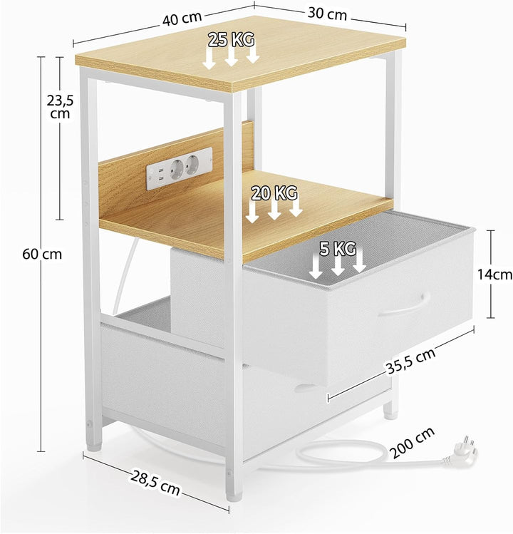 Rolanstar Nachttisch mit Ladefunktion, Beistelltisch mit LED-Leuchten, 2 Stoffschubladen & 3-stufige
