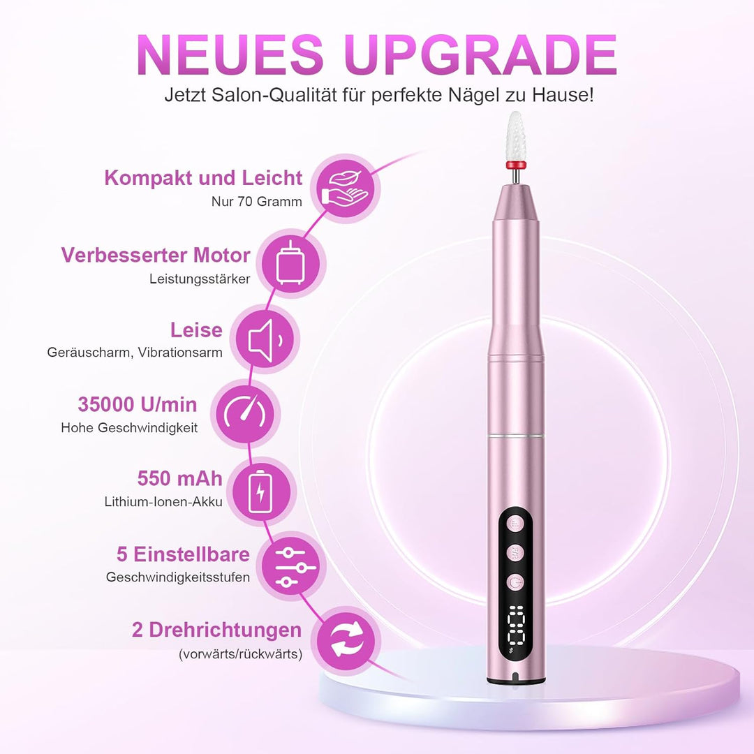 Nagelfräser Kabellose Elektrische Nagelfeile - 35000 U/Min Nagelfräser für Gelnägel, 12 IN 1 Profess