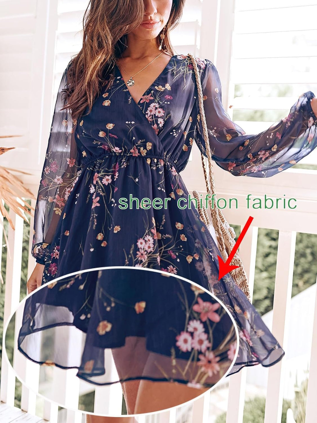 CUPSHE Damen Kleid V Ausschnitt Wickeloptik Transparente Lange Ärmel Blumenmuster Freizeitkleider Wr