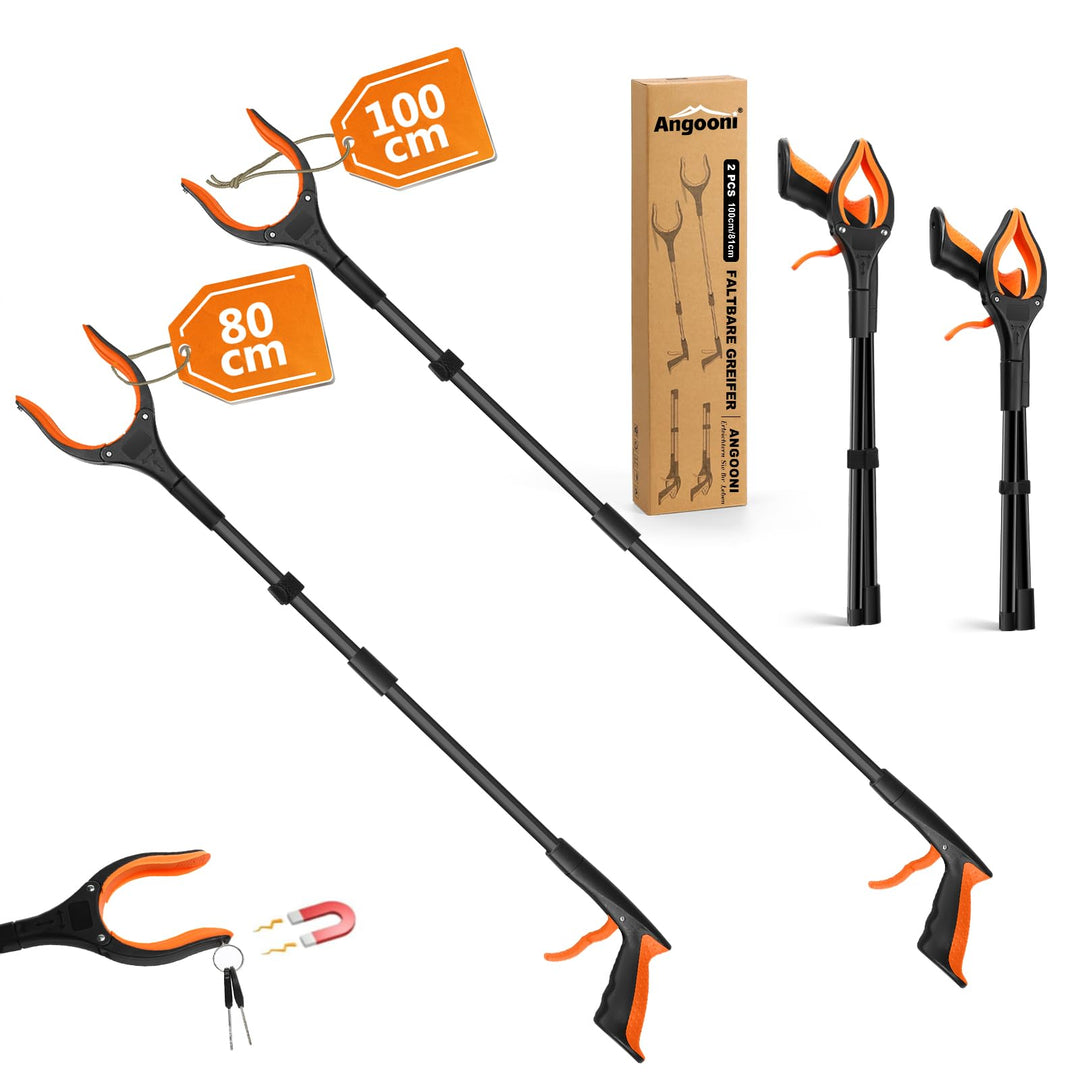 2 Stück Müllzange Greifzange 100 cm, 80 cm - Faltbare Müllgreifer - Drehbar Greifzange für Senioren