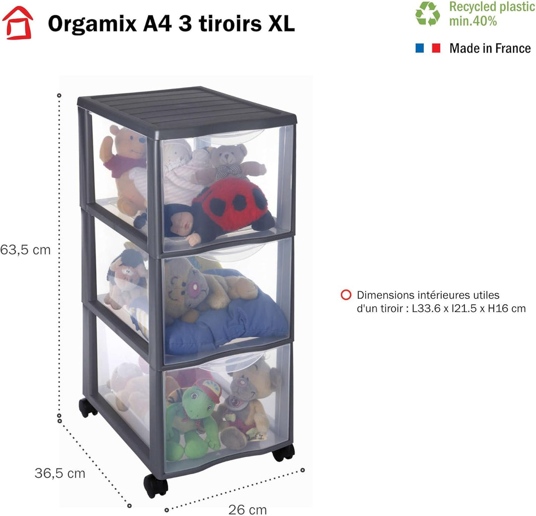 SUNDIS Orgamix, schubladenbox aus Kunststoff mit Rädern, 3 grosse transparente Schubladen im A4-Form