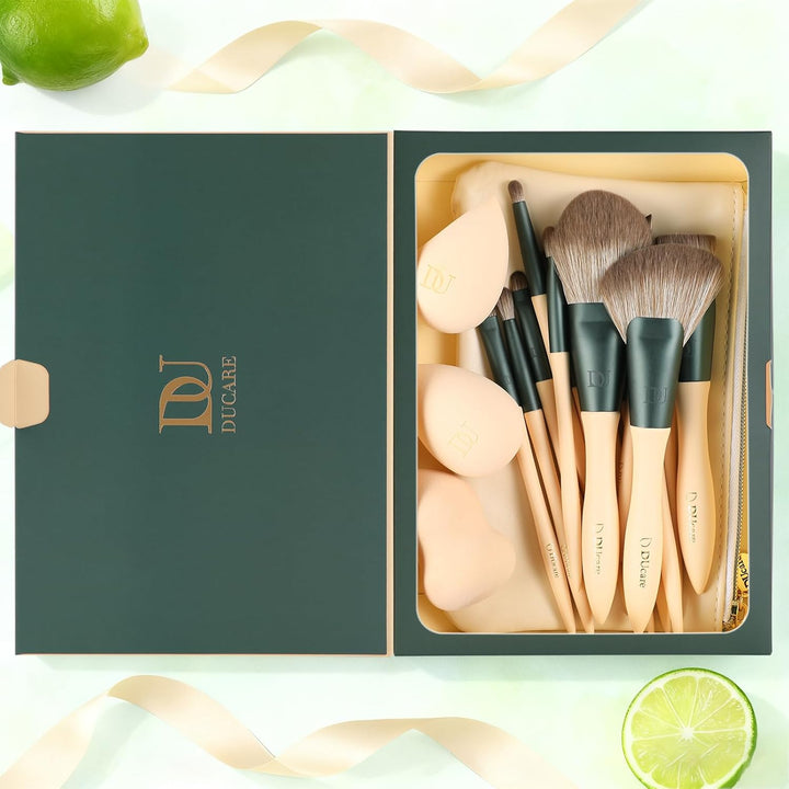 DUcare Make up Pinsel Set 14 Stücke mit 3 Make up Schwämmen und Kosmetiktasche – Limetten-Serie Prem