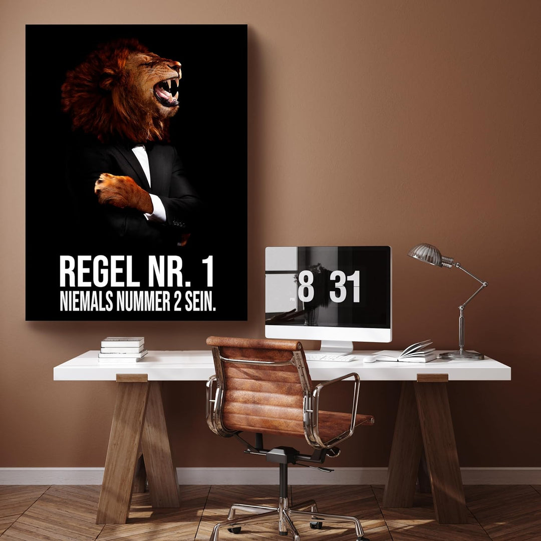 wandmotiv24 Leinwand-Bilder Löwen, Grösse 60x45cm, Hochformat, Löwe in Anzug, Regel, Katze, Tiere, M