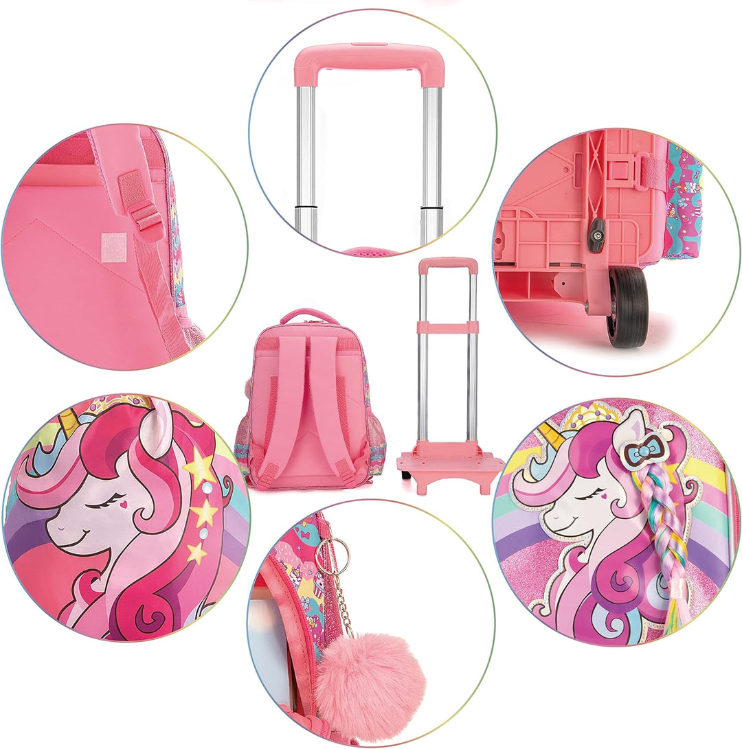 HTgroce Schulranzen Schulranzen mit Rollen Einhorn Trolley für Mädchen,16inch Schulranzen Mädchen Ei