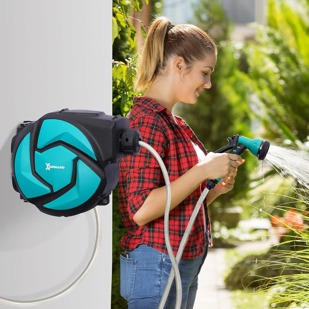 DURHAND Schlauchtrommel mit Gartenschlauch 10 m Wasserschlauchaufroller mit automatische Aufrollung