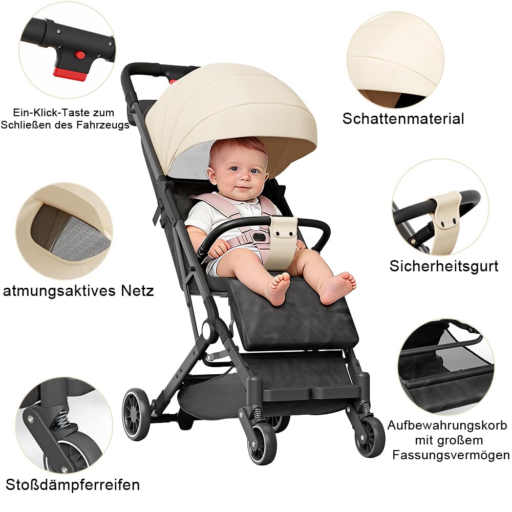 Kinderbuggy, Kinderwagen mit Sonnenschirm, Kinderwagen Zusammenklappbar, Buggy mit Liegefunktion, Ka