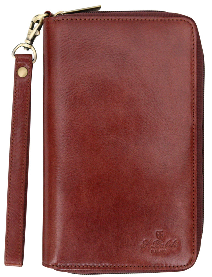 Herren Reisegeldbörse - Reisepasshülle mit Kartenfächern - als Handgelenktasche Geeignet - Cognac