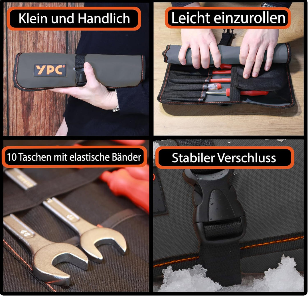YPC VarioRoll L – 45x32cm, 10 Steckfächer und 4 Halteschlaufen, Werkzeugtasche rollbar, Messertasche