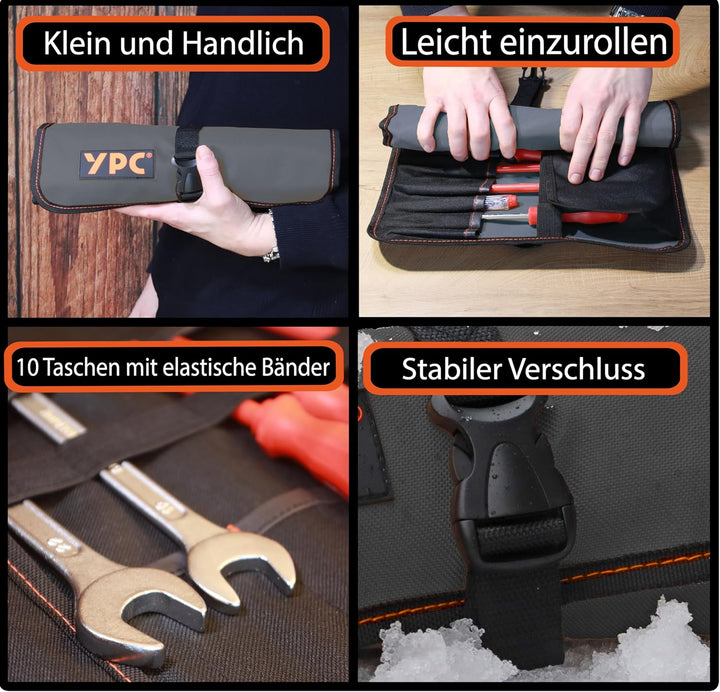 YPC VarioRoll L – 45x32cm, 10 Steckfächer und 4 Halteschlaufen, Werkzeugtasche rollbar, Messertasche