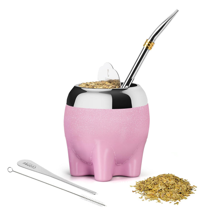 Premium Yerba Mate Tasse, 5-in-1-Set, inklusive Edelstahl-Kürbis (Glitzersterne, niedlicher Elefante