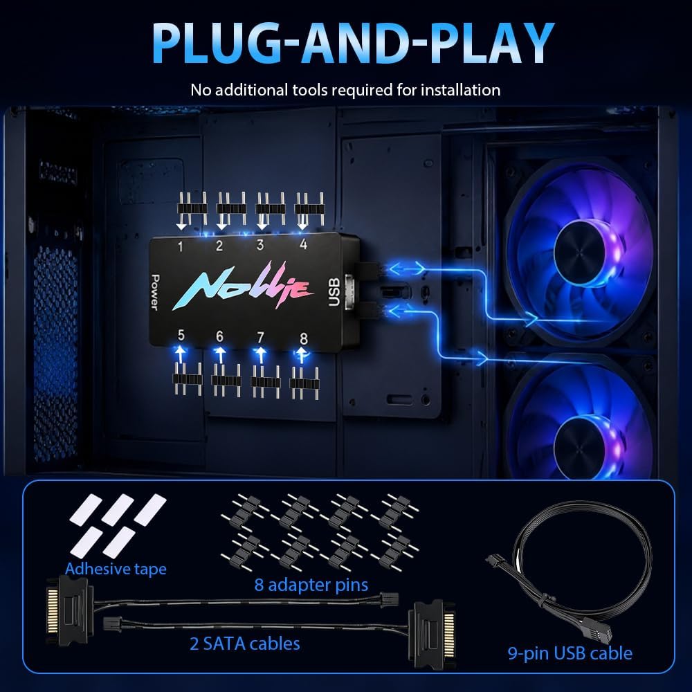 8-Port ARGB Controller, SGZIOO ARGB PWM Fan Hub, 5V 3 Pin RGB Controller PC mit 2 SATA-Kabel, Lüfter