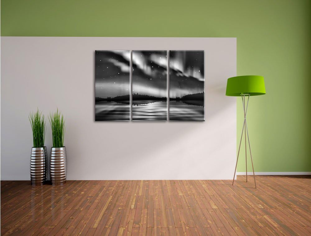 Pixxprint Monocrome, Polarlichter in Alaska 3-Teiler Leinwandbild 120x80 Bild auf Leinwand