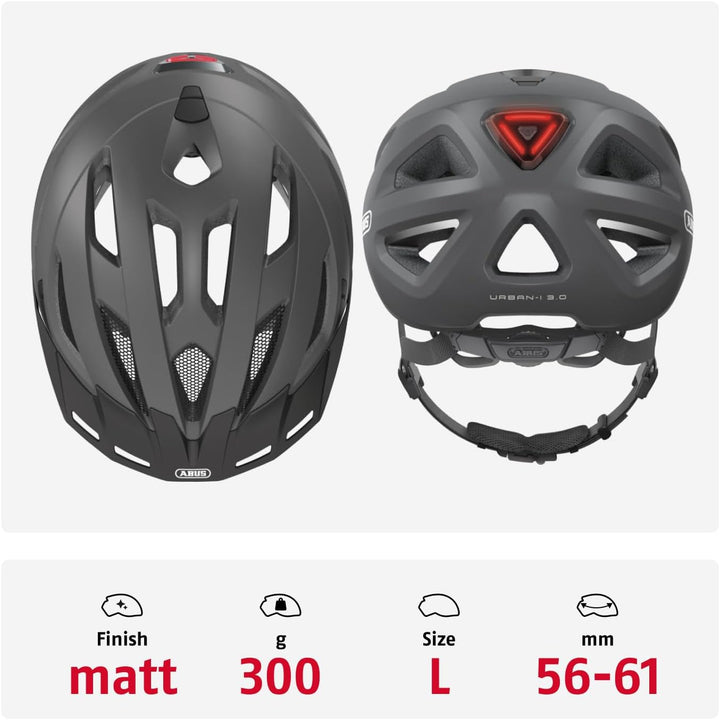 ABUS Stadthelm Urban-I 3.0 - Fahrradhelm mit Rücklicht, Schirm und Magnetverschluss - für Damen und