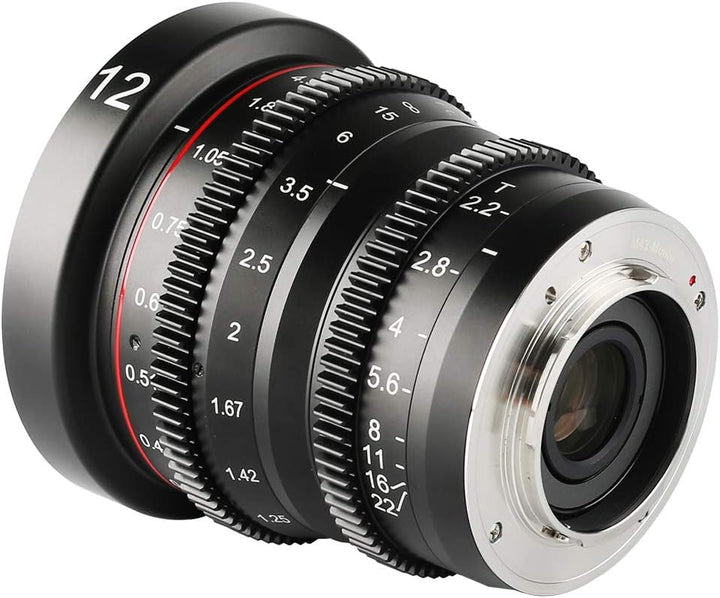 MEKE 12mm T2.2 grosse Blende, manueller Fokus, niedrige Verzerrung, 4K Mini-Cine-Objektiv für Micro