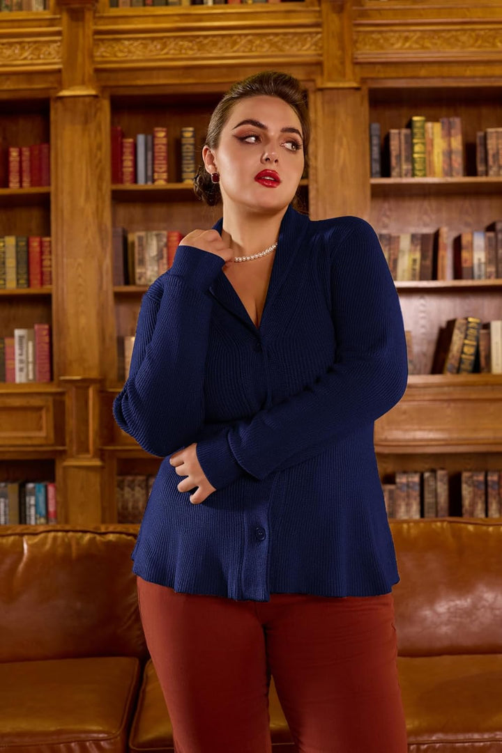Belle Poque Damen Strickjacke Langarm Reverskragen Cardigan mit Rüschensaum Casual Strickmantel L Ma