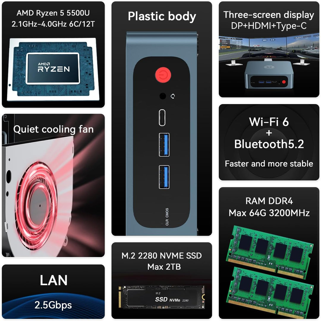 Mini PC AMD Ryzen 5 5500U(Zen 3 Architektur, bis zu 4.0GHz), 16GB DDR4 500GB M.2 NVME SSD, TRIGKEY S