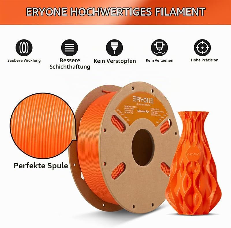 ERYONE PLA Filament 1.75 mm, 3D-Drucker Filament PLA, 0,03 mm, 1 kg/Spule, Orange C-Regular-Orange,