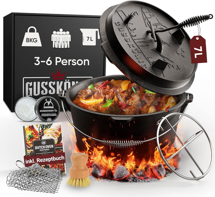 Dutch Oven Set 7 Liter [für 3–6 Person]–Eingebrannter Feuertopf ohne Füsse + praktischem Deckelheber