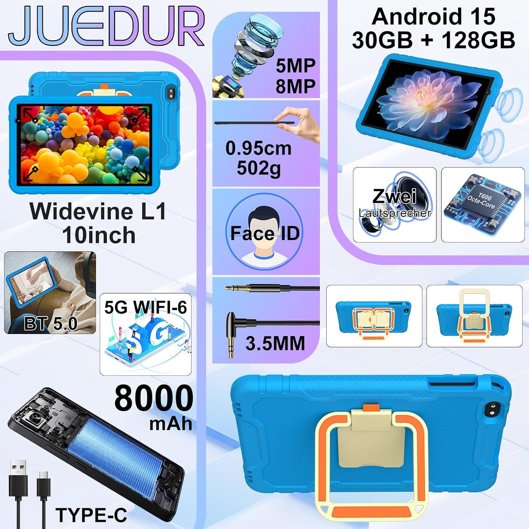 Kinder Tablet 10 zoll Android 15, 30 GB RAM + 2TB TF, Gemini AI, 5G WLAN 6, Widevine L1, Parental Co