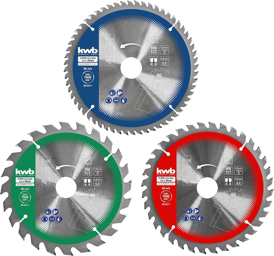 kwb Kreis-Sägeblatt-Set 250 x 30/25 / 16 mm für Handkreis-Sägen bzw. Tischkreissägen, f. Platten-Wer